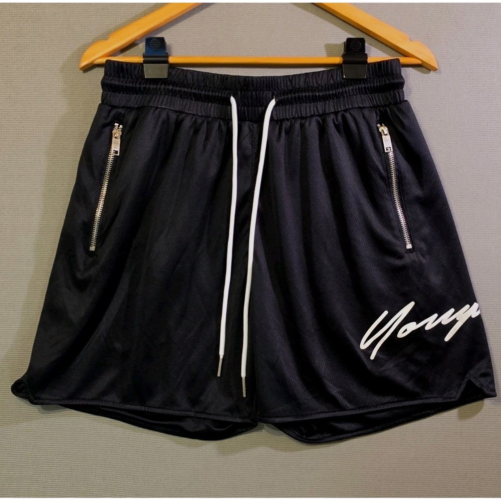 YoungLA Mens XL Black Mesh Gym Shorts Zip Pockets Drawstring Bodybuilding Street